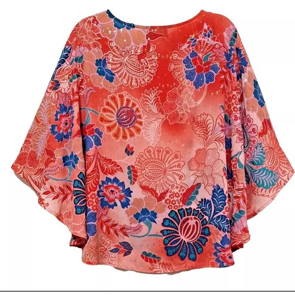 Bob Mackie Wearable Art sequin floral caftan top XS pink red blue dolman - Picture 13 of 13